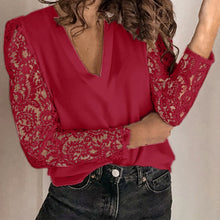 Load image into Gallery viewer, Women V-neck Lace Hollow Out Blouse Patchwork
