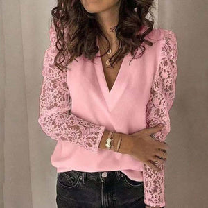Women V-neck Lace Hollow Out Blouse Patchwork