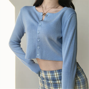 Korean Style O-neck Short Knitted Sweaters Women Thin Cardigan Fashion