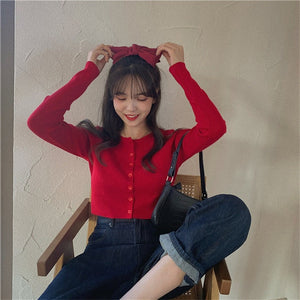 Korean Style O-neck Short Knitted Sweaters Women Thin Cardigan Fashion