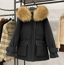 Load image into Gallery viewer, Large Natural Raccoon Fox Fur Hooded Winter Down Coat Women
