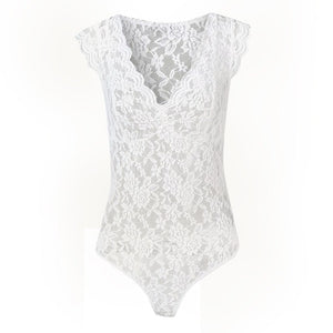 Women Sexy Lace Bodsuit Sleevless V-neck Sheer Mesh Lace Slim