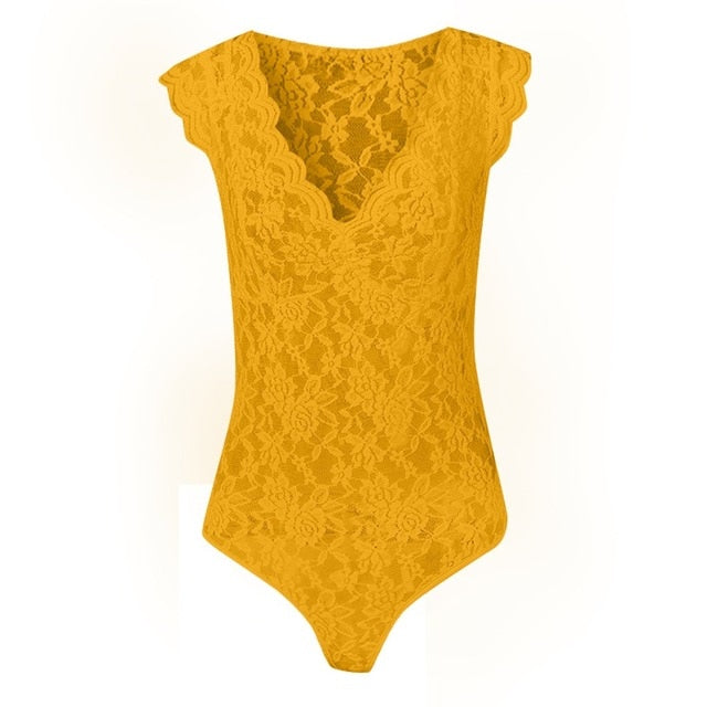 Women Sexy Lace Bodsuit Sleevless V-neck Sheer Mesh Lace Slim