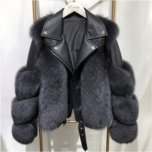 Fashion Real Fox Fur Coats With Genuine Sheepskin Leather Wholeskin Natural