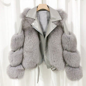 Fashion Real Fox Fur Coats With Genuine Sheepskin Leather Wholeskin Natural